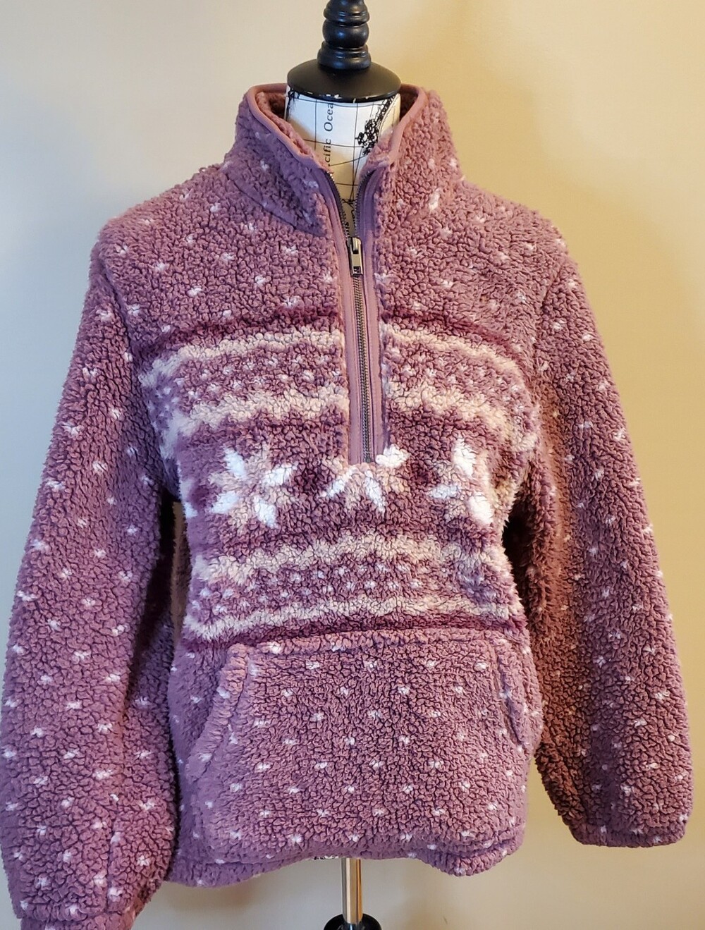 Style & Co Sherpa Pullover Large Pink Quarter Zip Fleece Snowflake Cozy Winter S